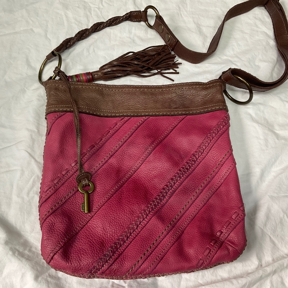 Boho Fossil Leather Crossbody Bag in Pink and Brown